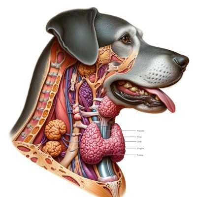 An image of a dog's thyroid gland, anatomically detailed and labelled for educational purposes.