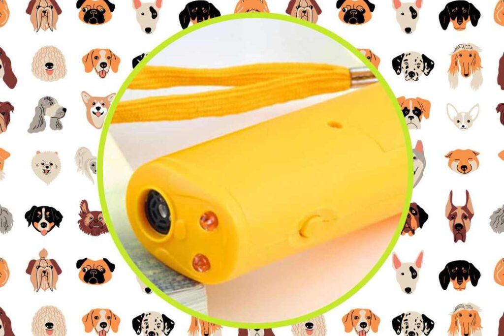 A yellow BarX Stop handheld anti-barking device on a background image with dozens of graphic icons of various dog species.