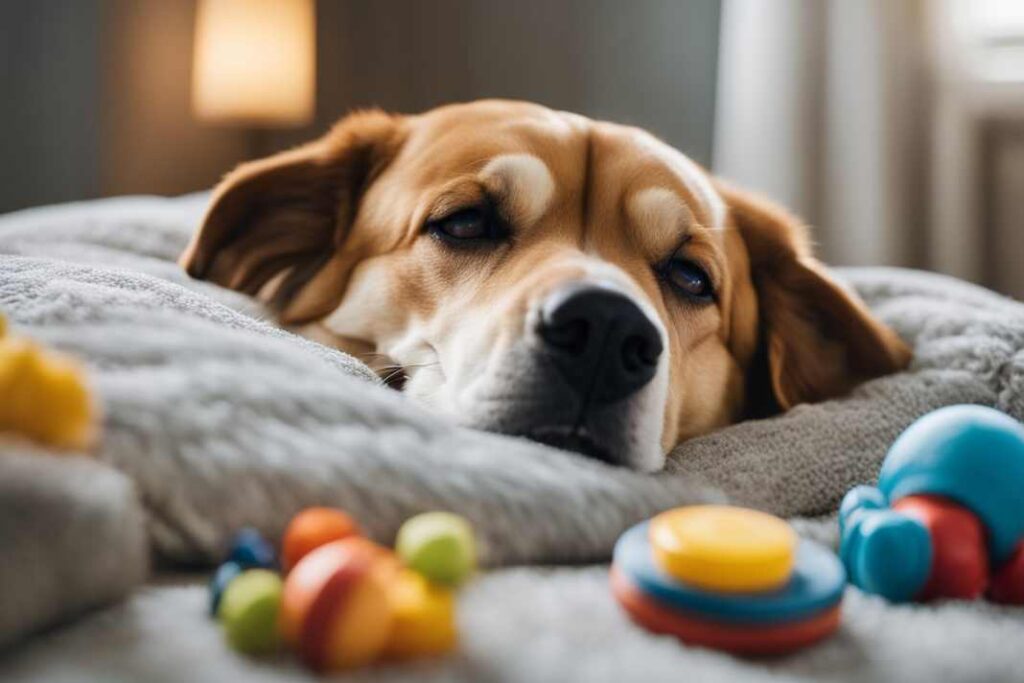 AI generated image of an older dog lying on a bed with a few colored toys in the foreground.