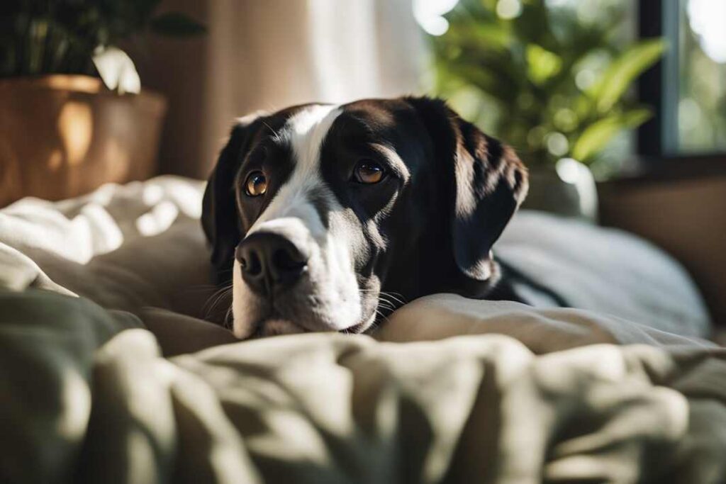 An AI generated image of a black and white dog lying in its bed.