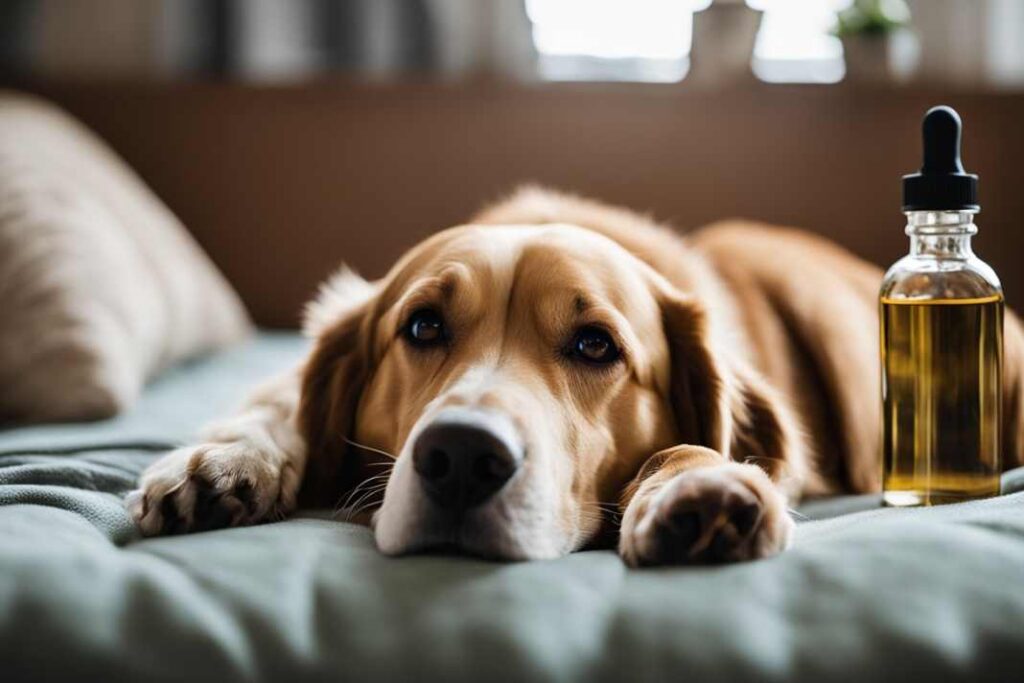 An AI generated image of an elderly dog lying on a bed beside a bottle of CBD oil.