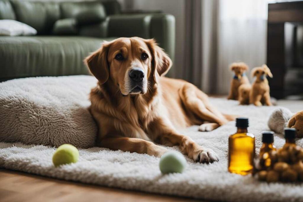 An AI generated image of an elderly dog lying on a rug with a few bottles of CBD oil and a few dog toys scattered about.