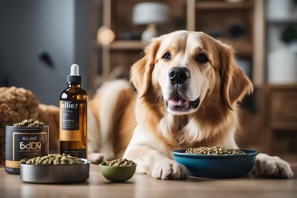 An AI generated image of an older dog lying a kitchen floor in front of its food bowl.