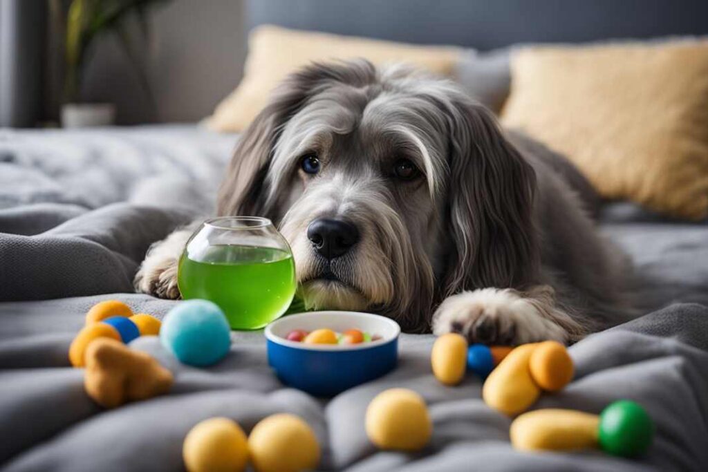 An AI generated image of a grey and white dog lying on a bed surrounded by dog toys.