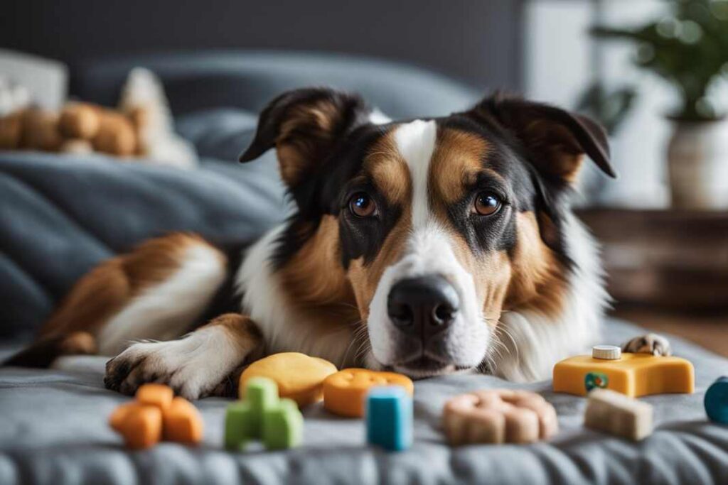 An AI generated image of a dog lying on its bed with dog treats scattered about in the foreground.