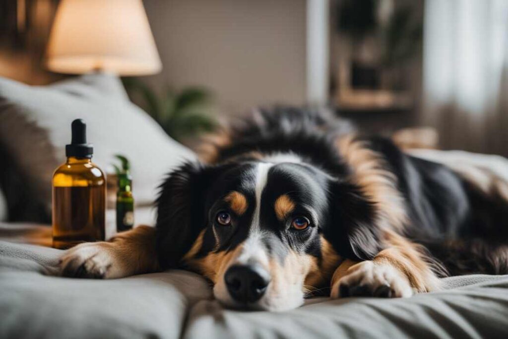 An AI generated image of a sad looking dog lying down beside a bottle of CBD oil.