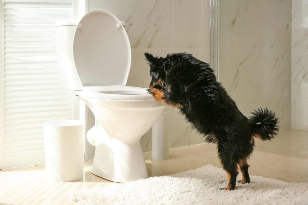 A furry dog looking into a toilet bowl in a modern, white, bathroom.